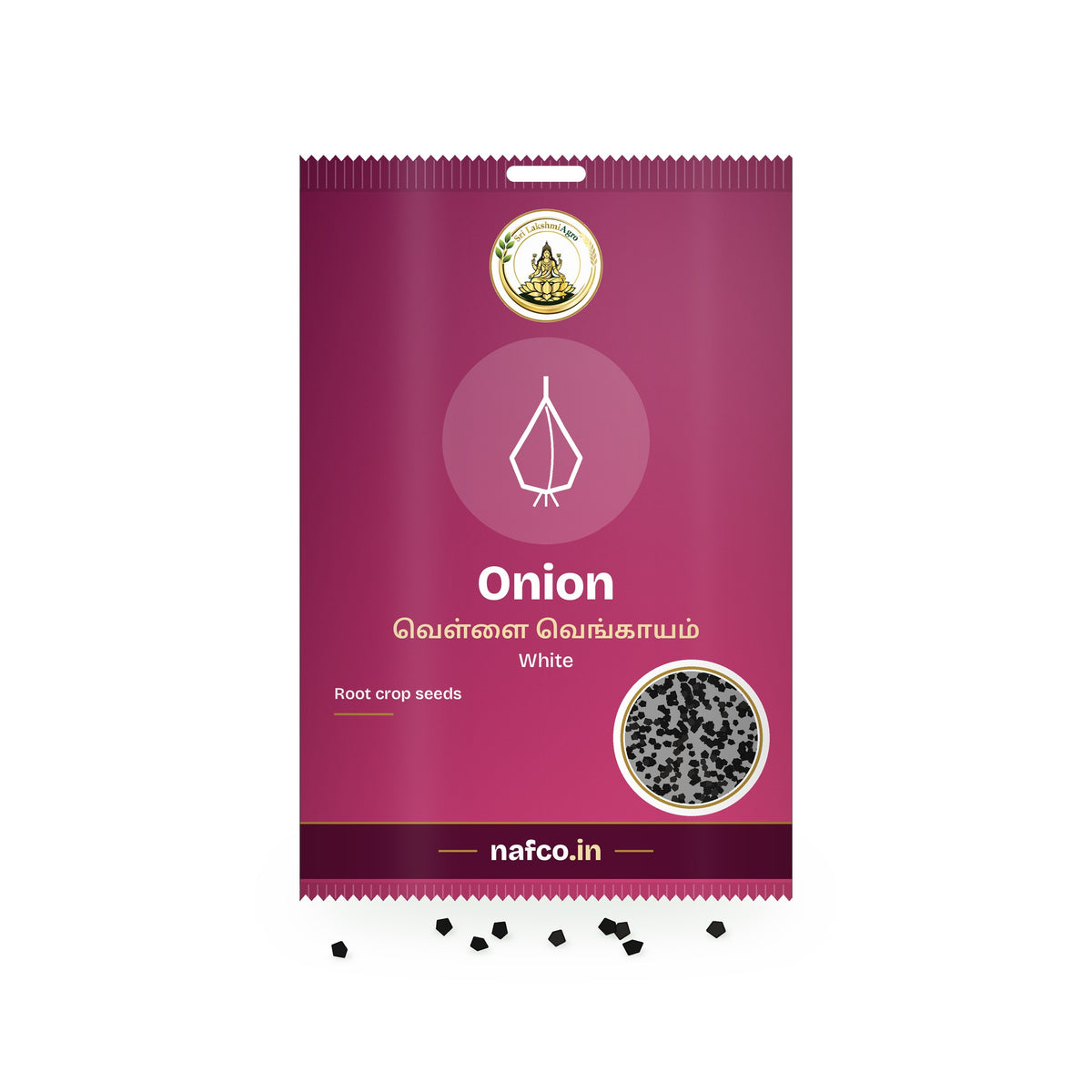 Onion Seeds – White: Sri Lakshmi Agro seed packet with a window showing the seeds
