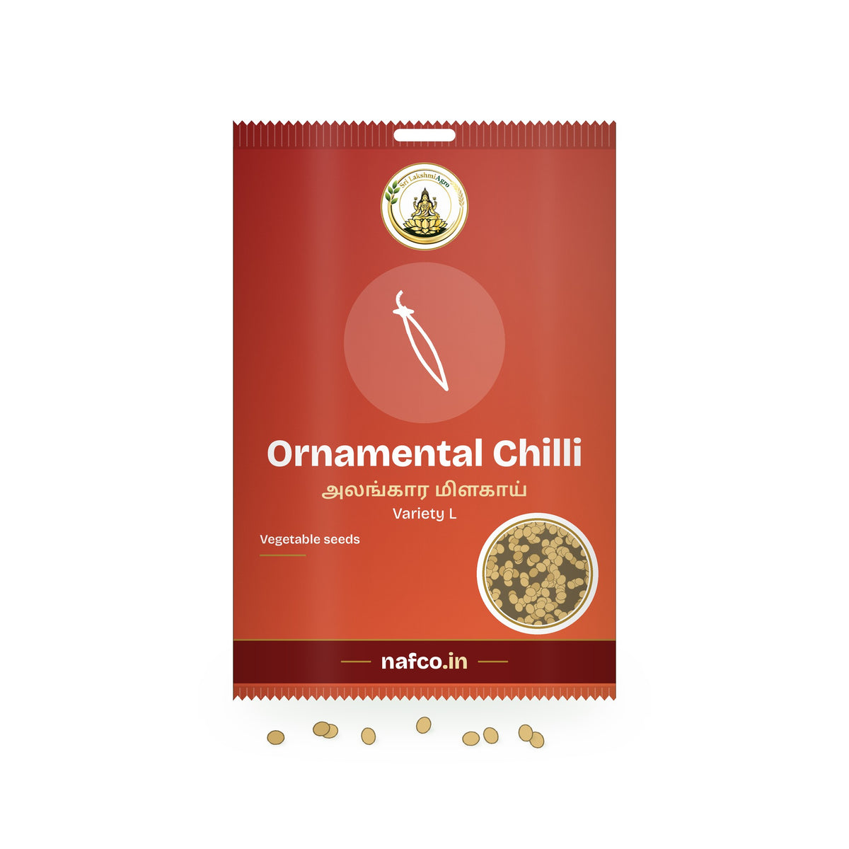 Ornamental Chilli Seeds (L): Sri Lakshmi Agro seed packet with a window showing the seeds