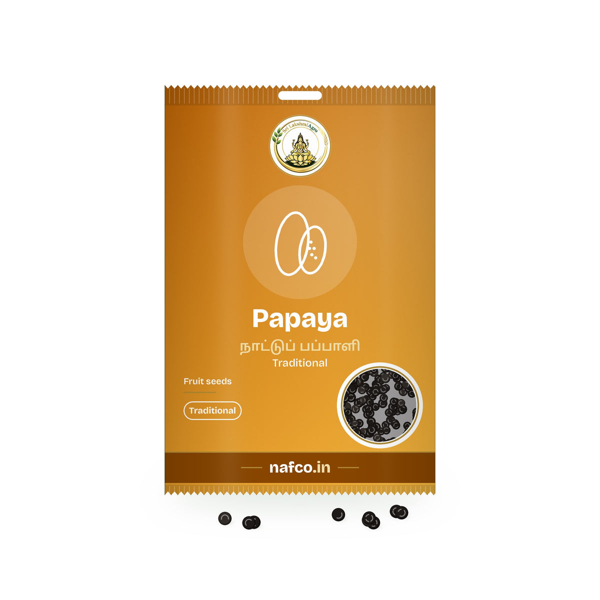 Papaya Seeds – Traditional: Sri Lakshmi Agro seed packet with a window showing the seeds