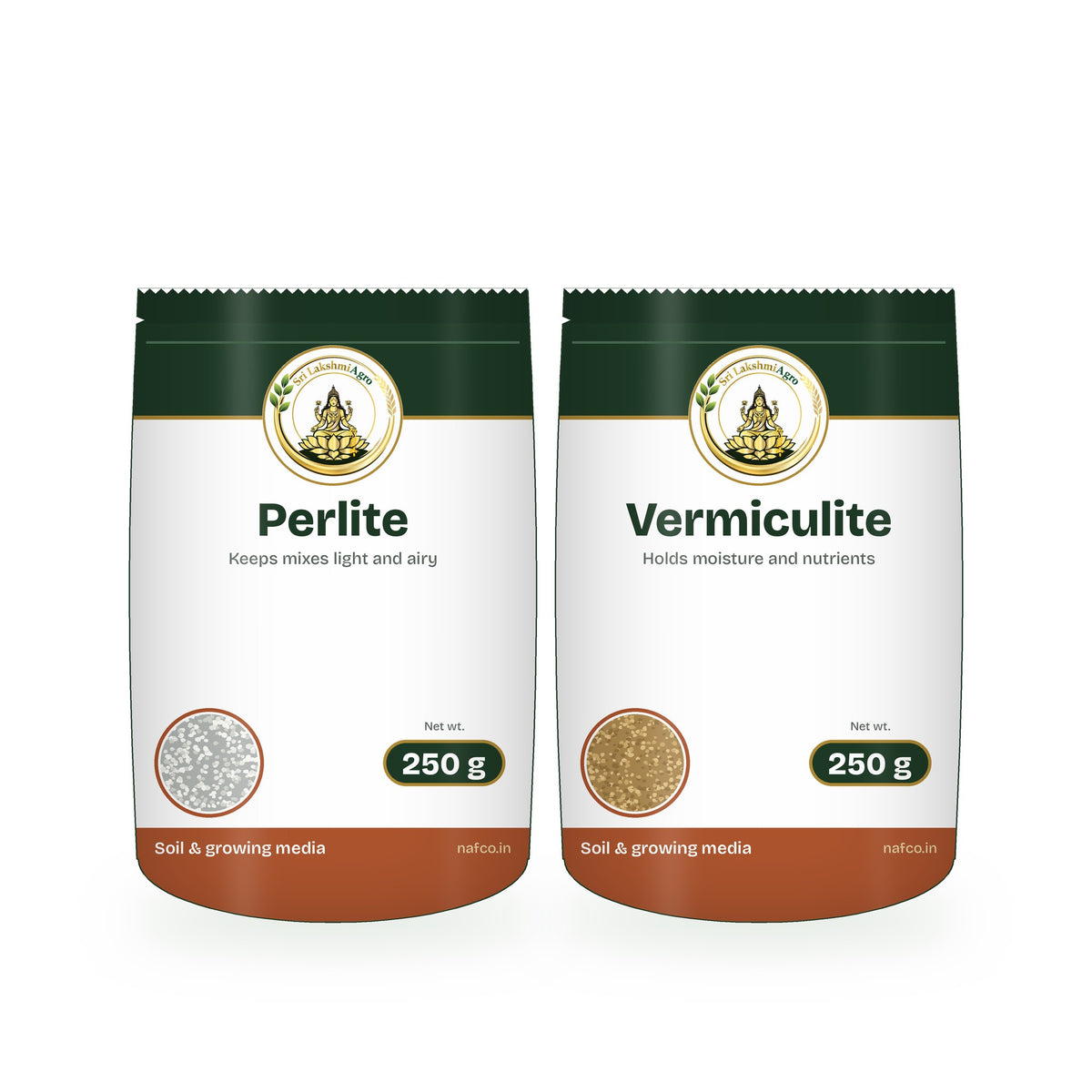 Perlite 250 g + Vermiculite 250 g Combo: Sri Lakshmi Agro packs shown together