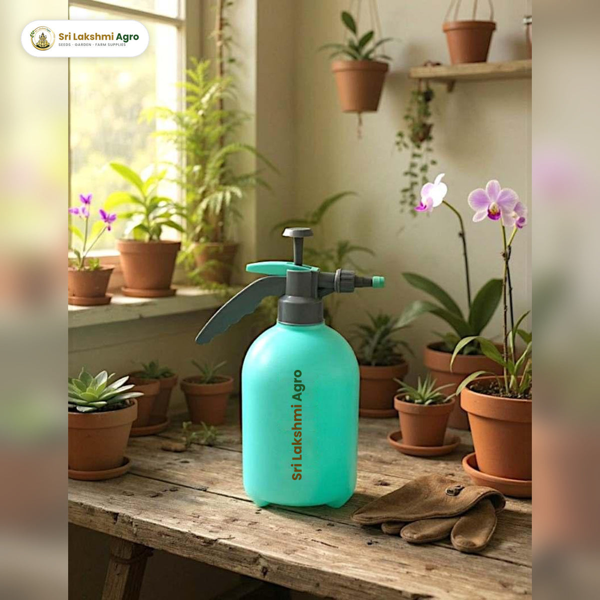 2 litre hand pressure sprayer on a potting bench