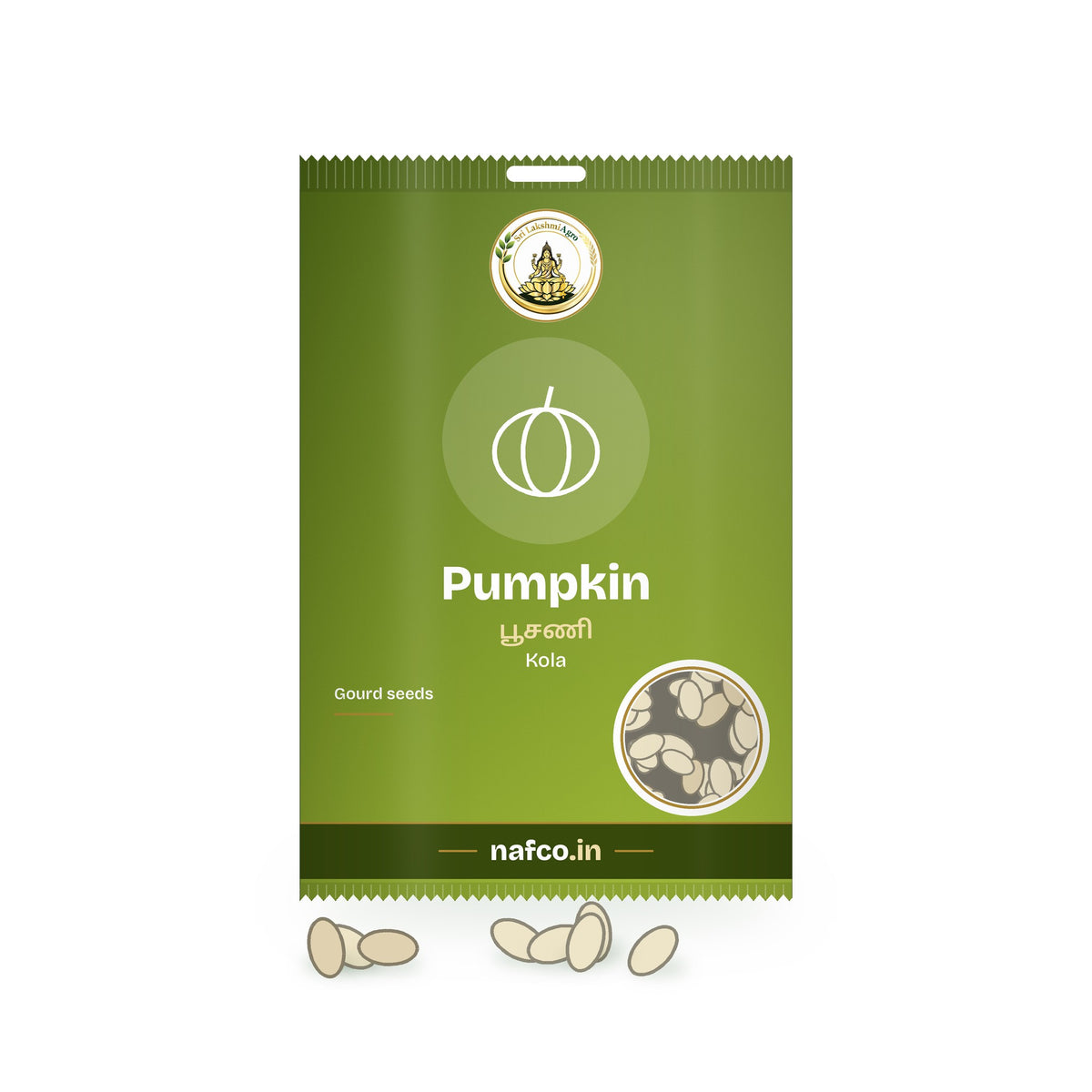 Pumpkin Seeds – Kola: Sri Lakshmi Agro seed packet with a window showing the seeds