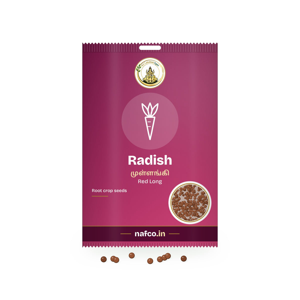 Radish Seeds – Red Long: Sri Lakshmi Agro seed packet with a window showing the seeds