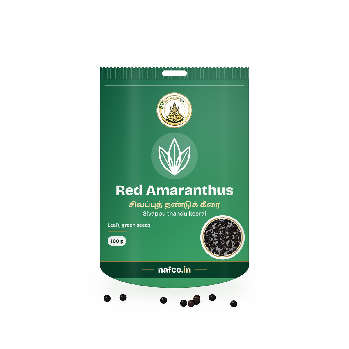 Red Amaranthus Seeds – 100 g: Sri Lakshmi Agro seed packet with a window showing the seeds