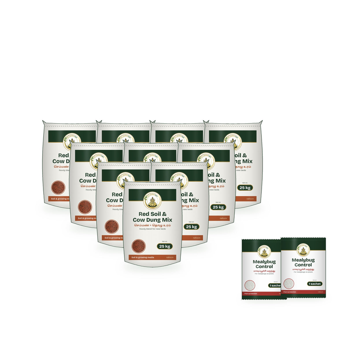 Red Soil & Cow Dung Mix – Pack of 10 + 2 Mealybug Control Free: Sri Lakshmi Agro packs grouped together