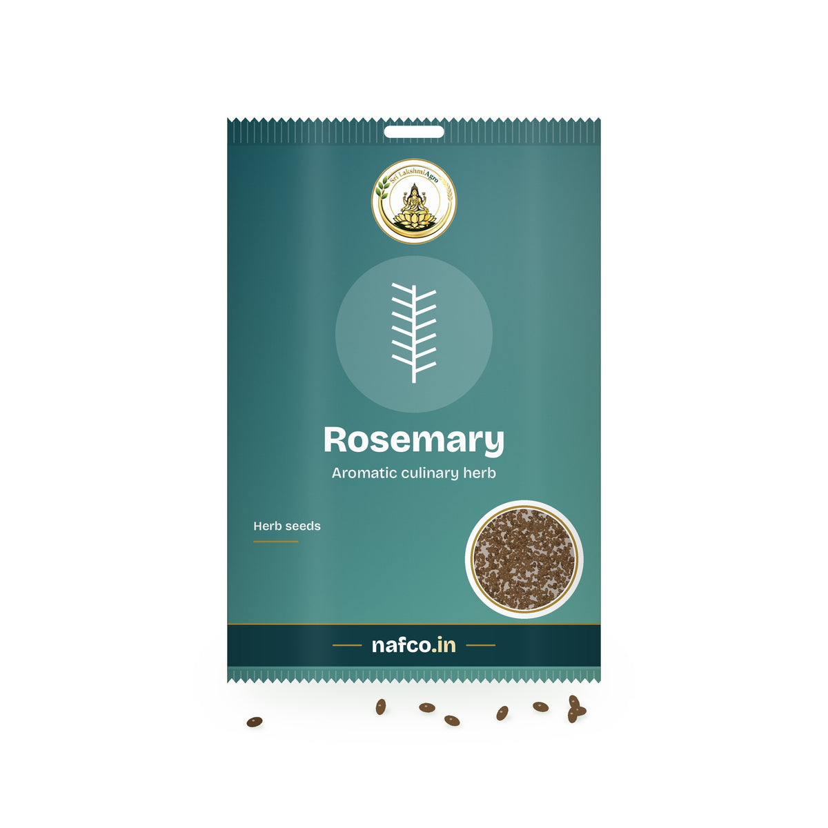 Rosemary Seeds: Sri Lakshmi Agro seed packet with a window showing the seeds