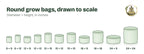 Chart comparing round grow bag sizes from 9 × 9 to 24 × 24 inch, drawn to scale