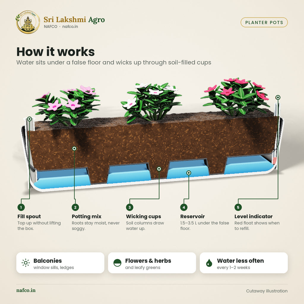 Self-Watering Rectangular Planter – Window Box – how it works