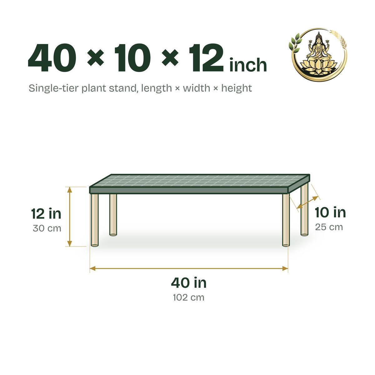 Size guide for the 40 × 10 × 12 inch single-tier plant stand