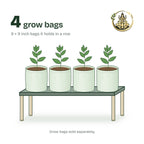 Single-tier plant stand holding four 9 × 9 inch grow bags with young plants