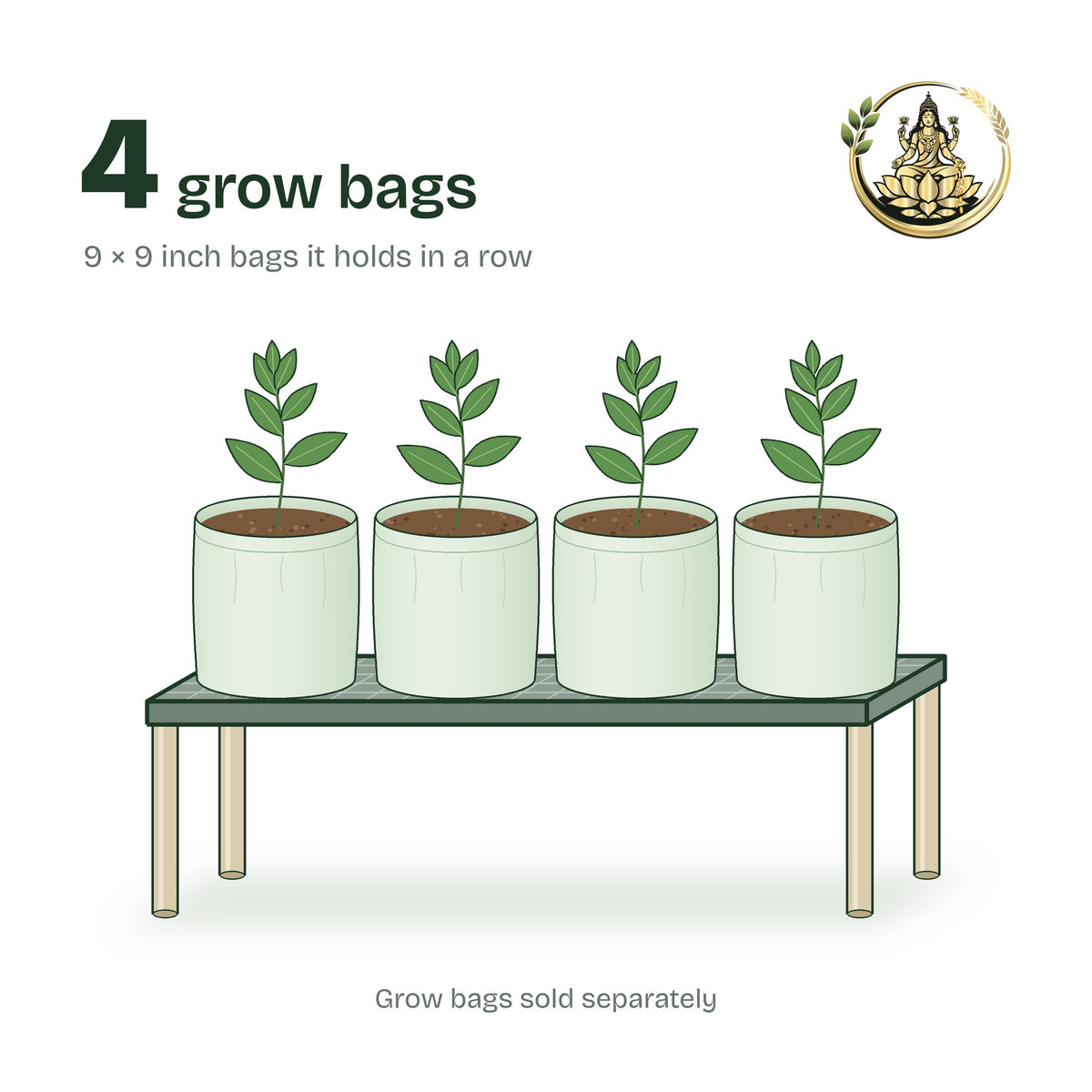 Single-tier plant stand holding four 9 × 9 inch grow bags with young plants