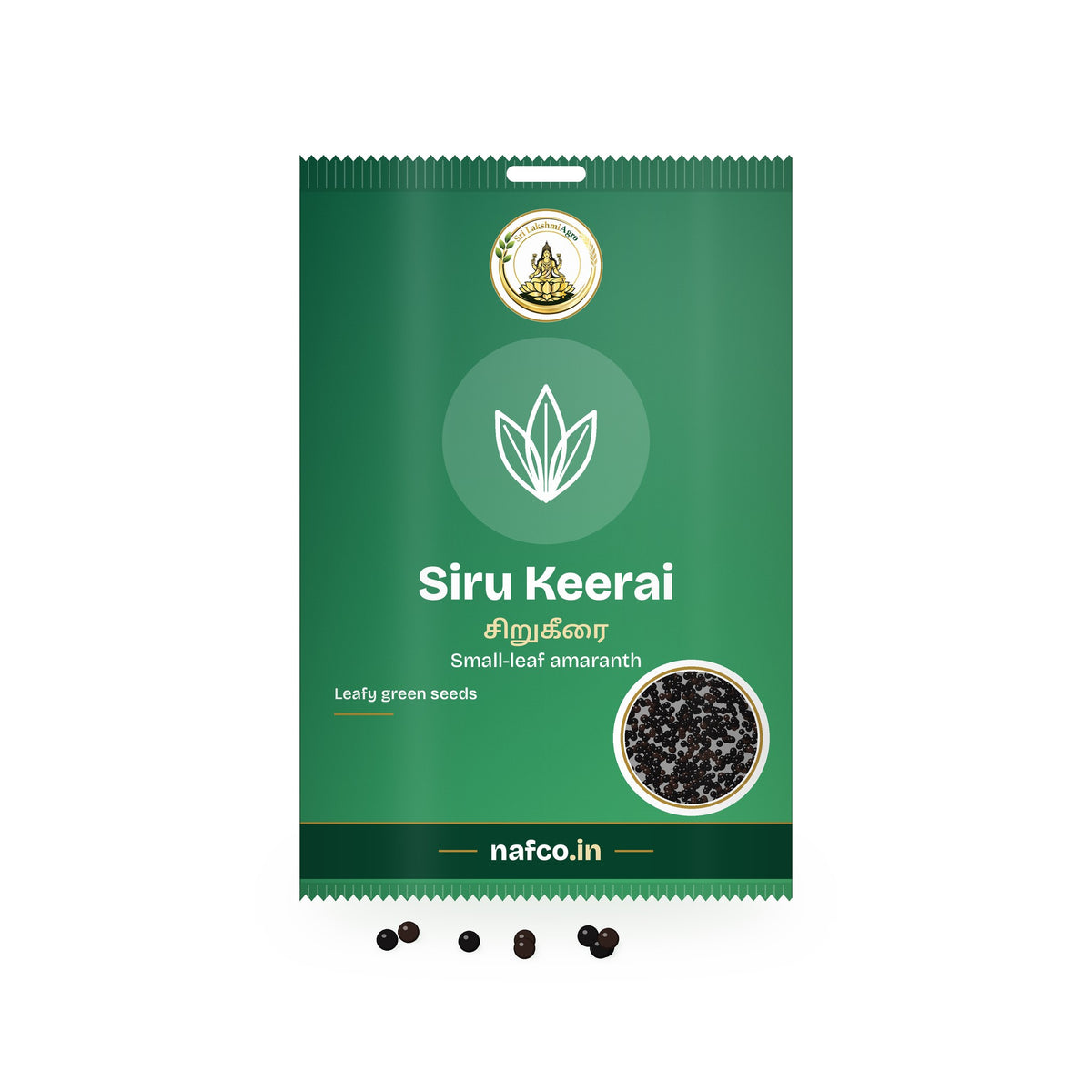 Siru Keerai Seeds: Sri Lakshmi Agro seed packet with a window showing the seeds
