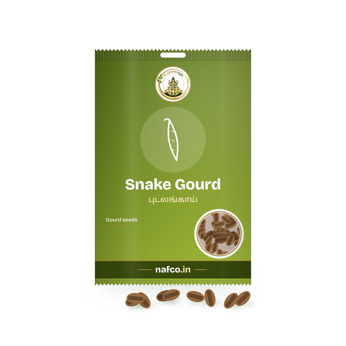 Snake Gourd Seeds: Sri Lakshmi Agro seed packet with a window showing the seeds