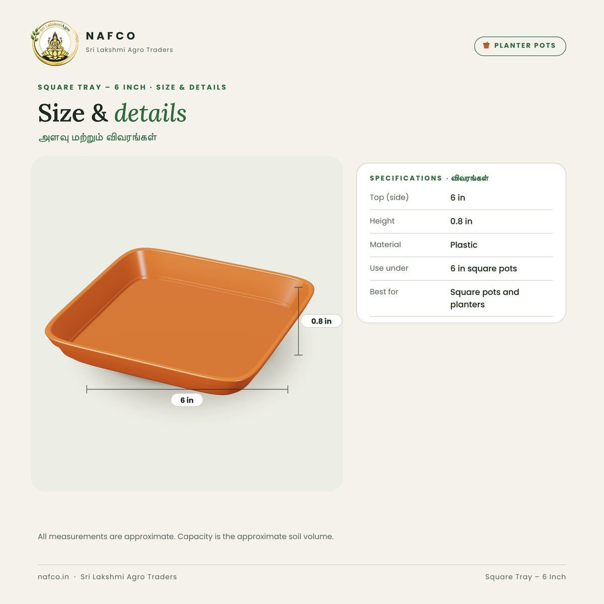 Square Tray – 6 Inch – size and details