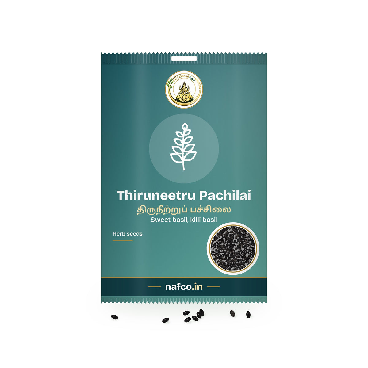 Thiruneetru Pachilai Seeds (Sweet Basil): Sri Lakshmi Agro seed packet with a window showing the seeds