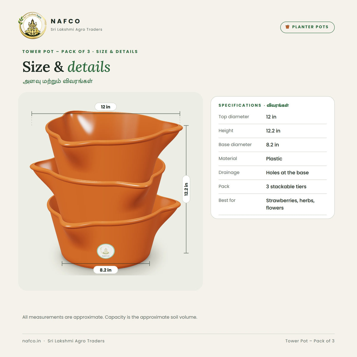 Tower Pot – Pack of 3 – size and details