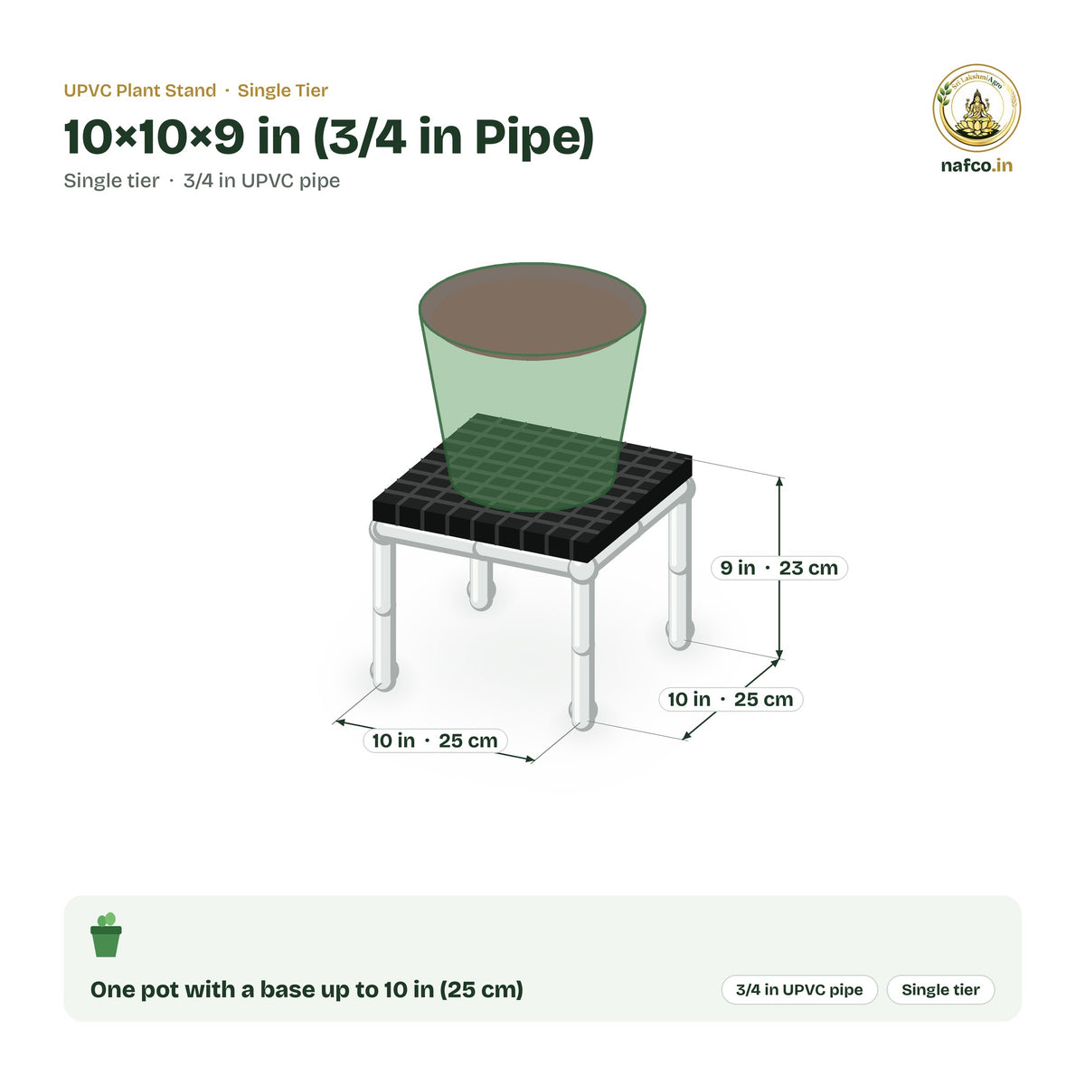 UPVC Plant Stand – 10×10×9 in (3/4 in Pipe) size guide with dimensions and how many pots it holds