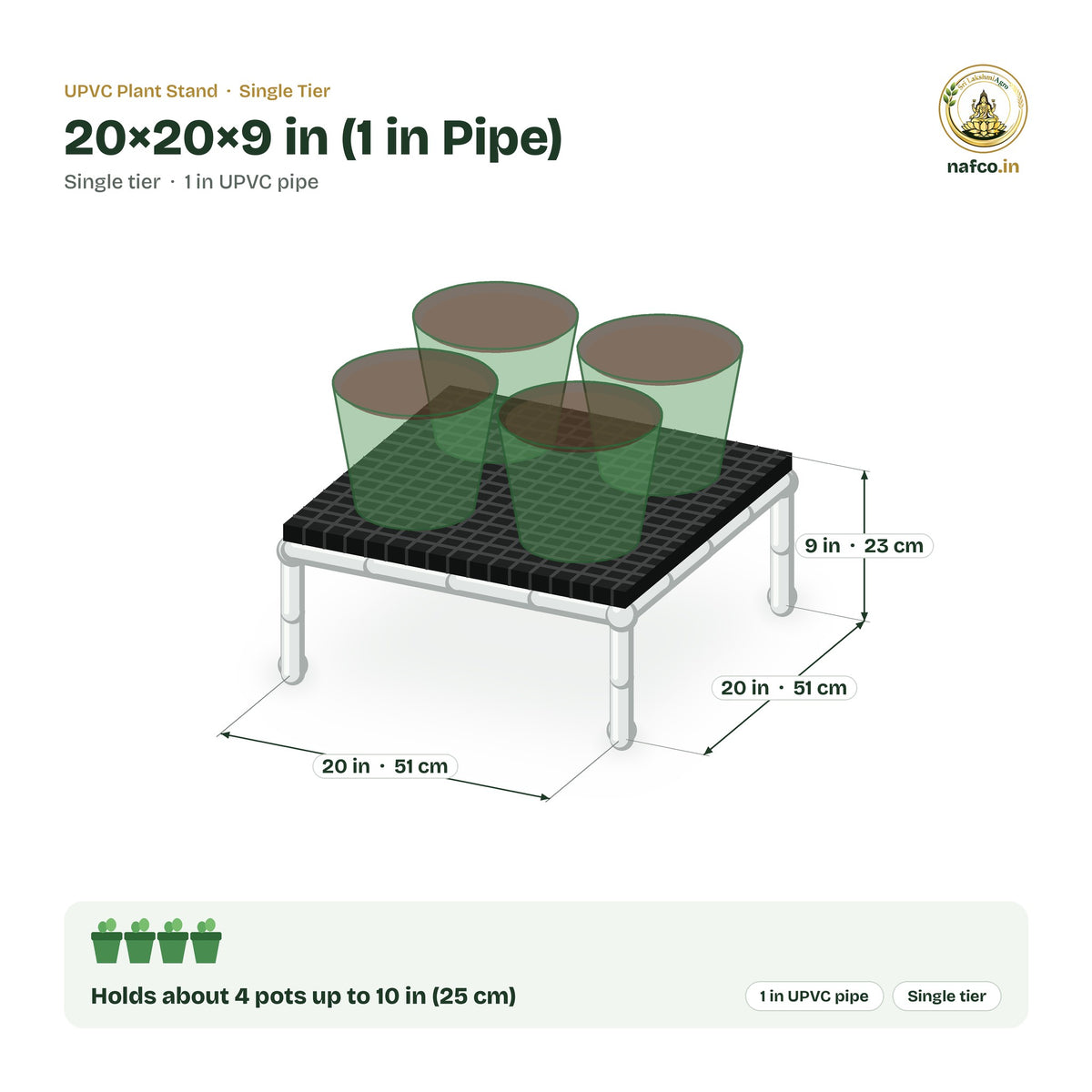 UPVC Plant Stand – 20×20×9 in (1 in Pipe) size guide with dimensions and how many pots it holds