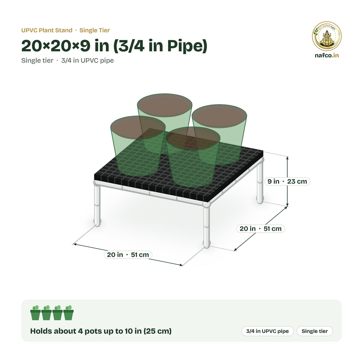 UPVC Plant Stand – 20×20×9 in (3/4 in Pipe) size guide with dimensions and how many pots it holds