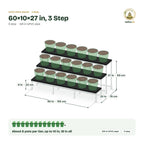 UPVC Plant Stand – 60×10×27 in, 3 Step size guide with dimensions and how many pots it holds