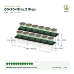 UPVC Plant Stand – 60×20×18 in, 2 Step size guide with dimensions and how many pots it holds