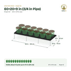 UPVC Plant Stand – 60×20×9 in (3/4 in Pipe) size guide with dimensions and how many pots it holds
