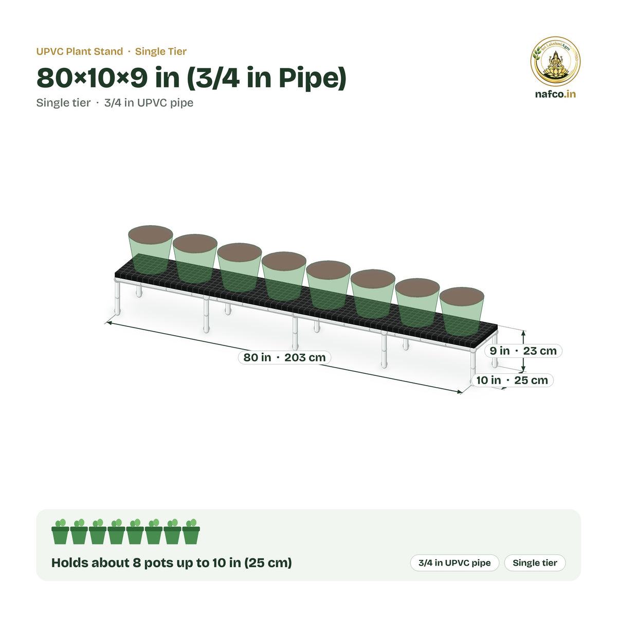 UPVC Plant Stand – 80×10×9 in (3/4 in Pipe) size guide with dimensions and how many pots it holds