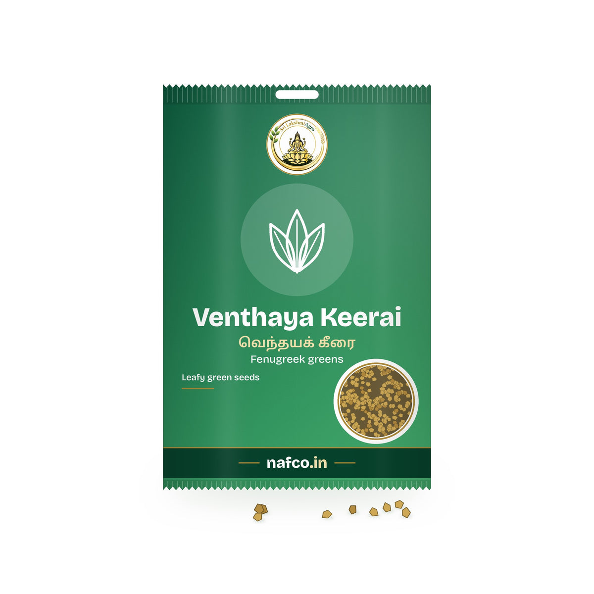 Venthaya Keerai Seeds (Fenugreek): Sri Lakshmi Agro seed packet with a window showing the seeds
