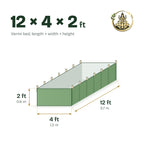 Size guide for the 12 × 4 × 2 ft vermi bed
