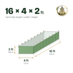 Size guide for the 16 × 4 × 2 ft vermi bed