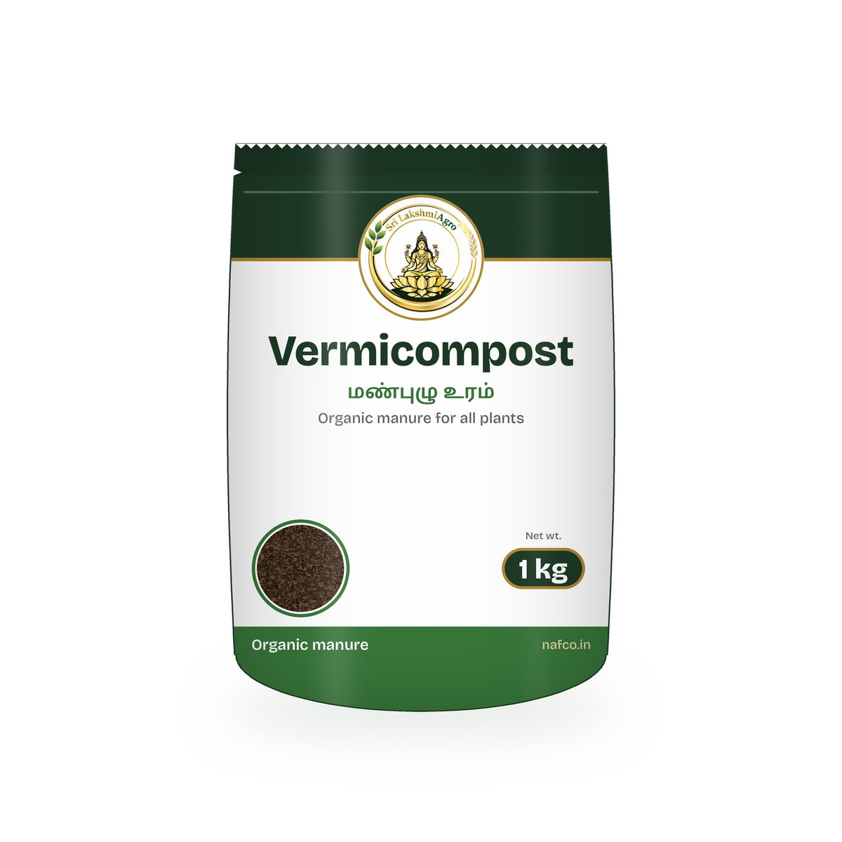 Vermicompost – 1 kg in a Sri Lakshmi Agro stand-up pouch