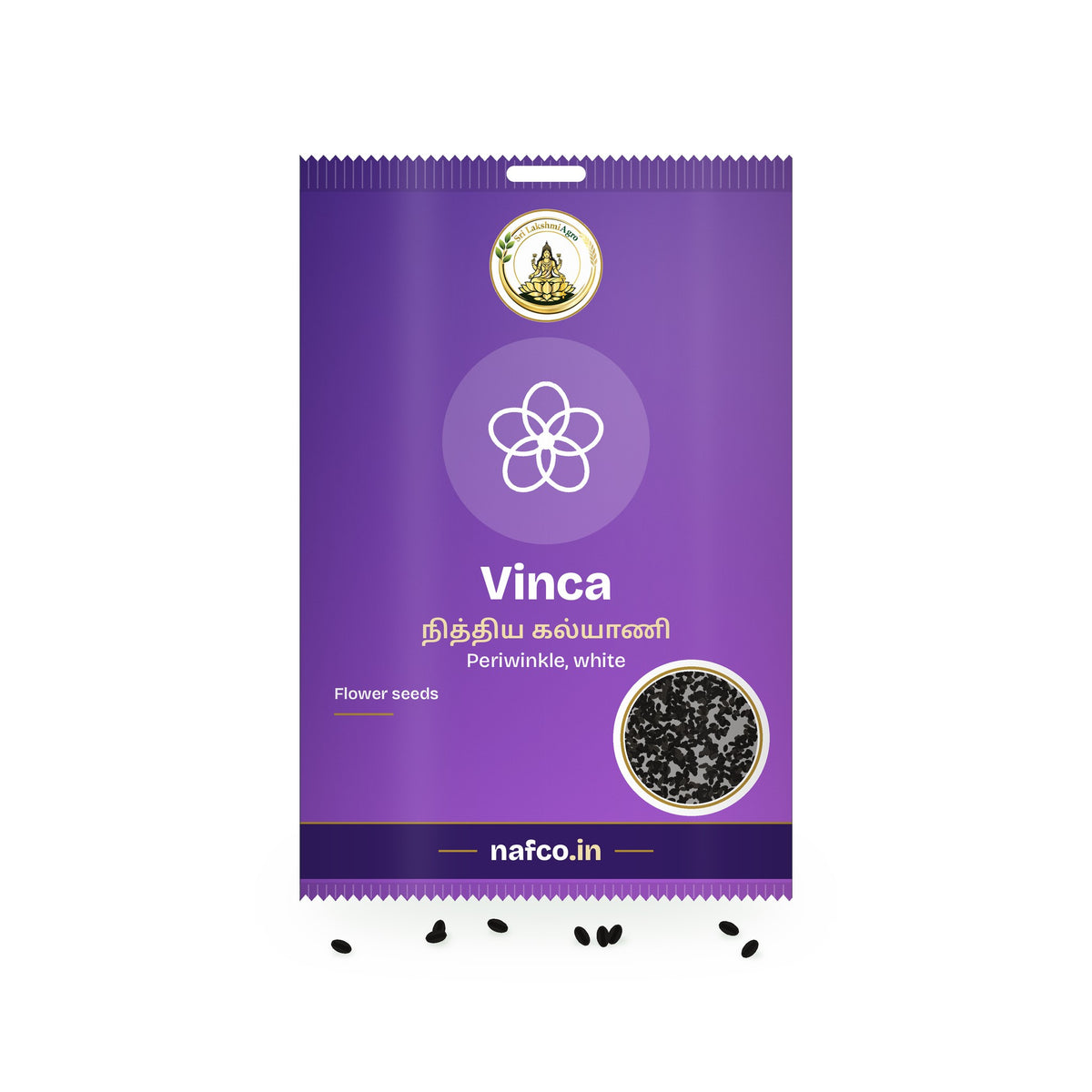 Vinca Seeds – White: Sri Lakshmi Agro seed packet with a window showing the seeds