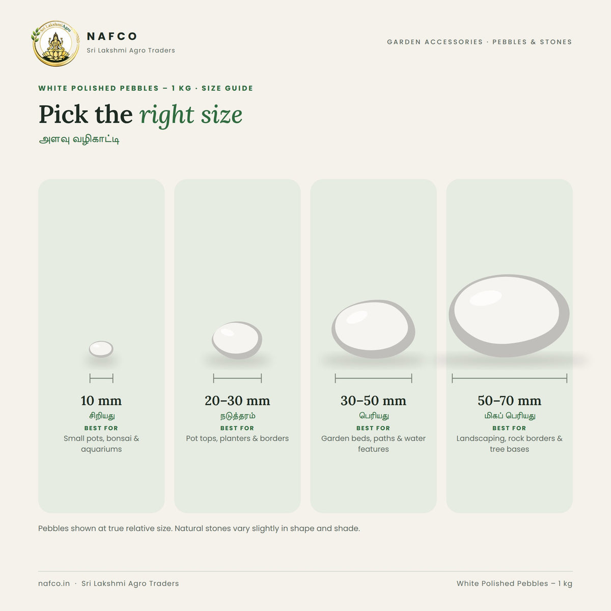 White Polished Pebbles – 1 kg – size guide