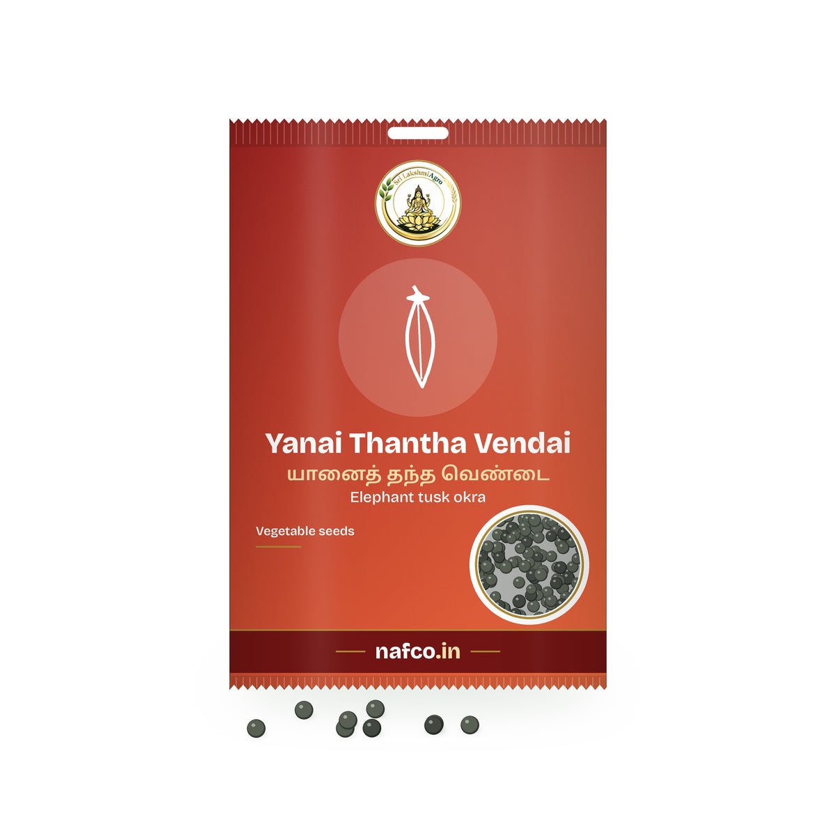 Yanai Thantha Vendai Seeds (Elephant Tusk Okra): Sri Lakshmi Agro seed packet with a window showing the seeds