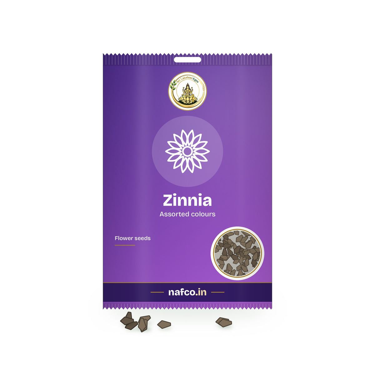 Zinnia Seeds – Assorted Colours: Sri Lakshmi Agro seed packet with a window showing the seeds